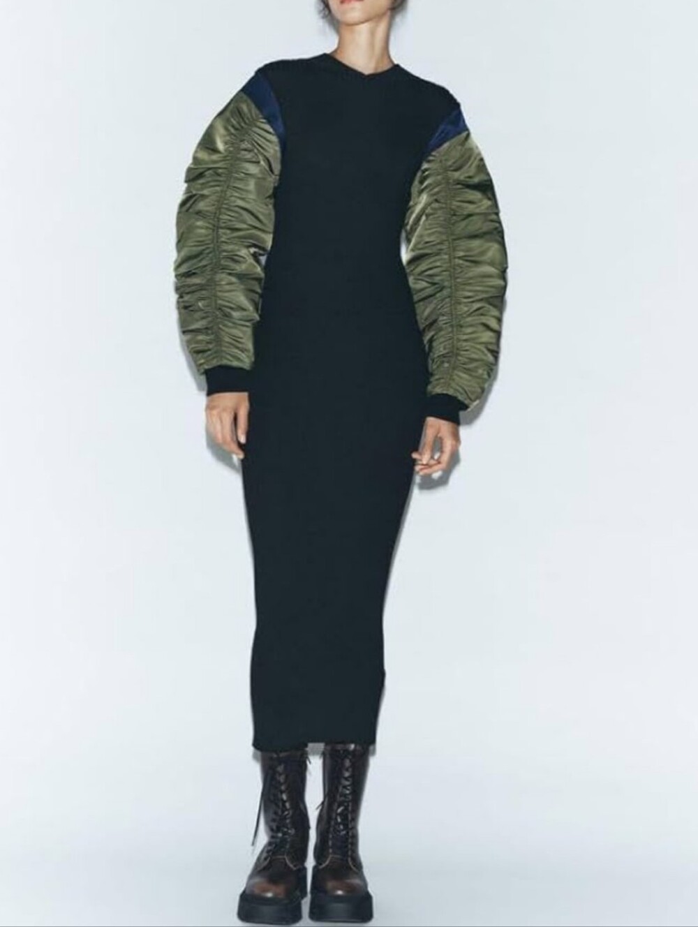 ZARA Contrast Nylon Midi Black Knit Midi Dress with Olive Ruched Bomber Sleeves